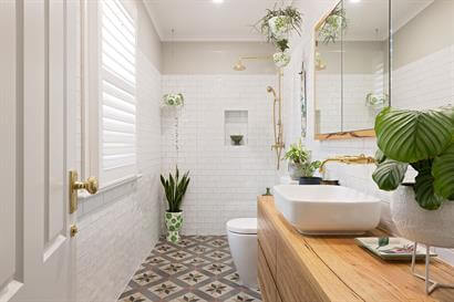 Solid timber wall hung vanity unit with walk-in frameless shower panel