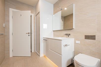 Caroma: Forma Rimless wall faced pan with in-wall cistern. Custom made 2 Pak floor to ceiling laundry cabinet with roller door.