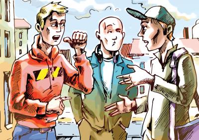 3 men talking on the street