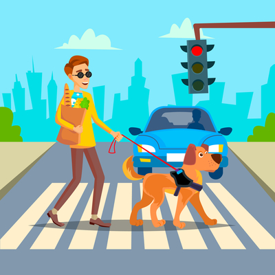 blind man walking at crosswalk