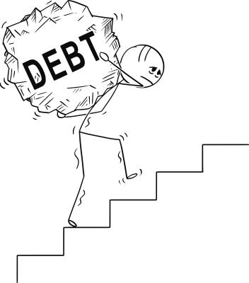 man carries rock displaying the text tax debt up stairs
