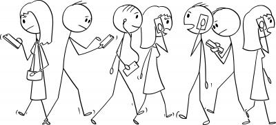 stick figures walking looking at cell phone