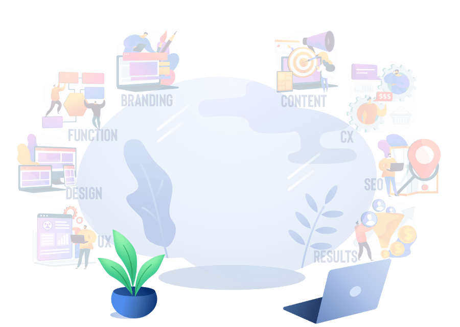 background scene containing all aspects of creative web marketing