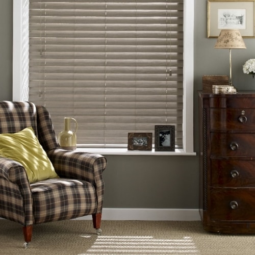 Taupe wood Venetian blind in a living room