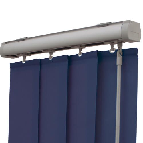 Navy vertical blinds on a grey headrail