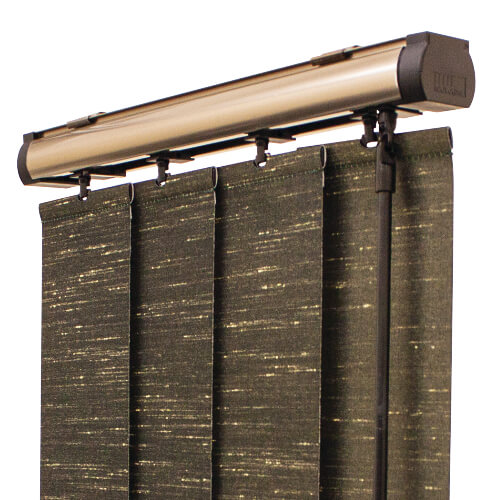 Dark brown textured vertical blinds on a bronze headrail