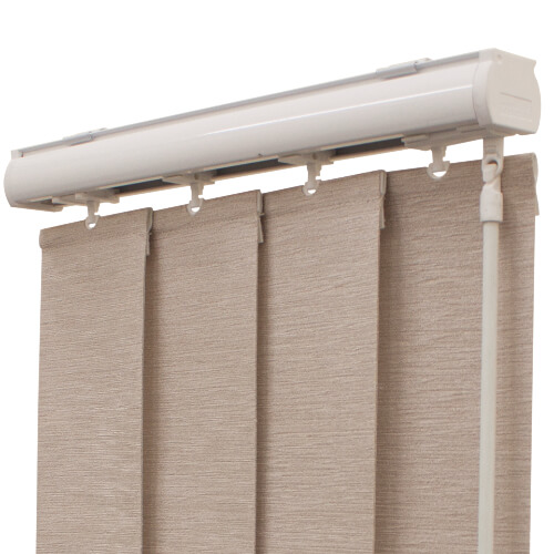Beige vertical blinds on a white headrail