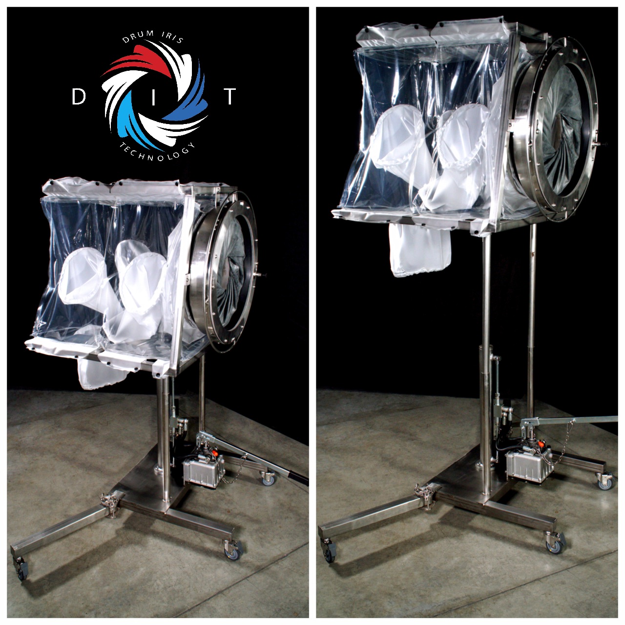 mobile flexible isolator with drum iris on telescoping legs