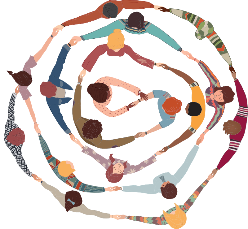 overhead view depicting a group of people holding hands and wrapping around a child in the center