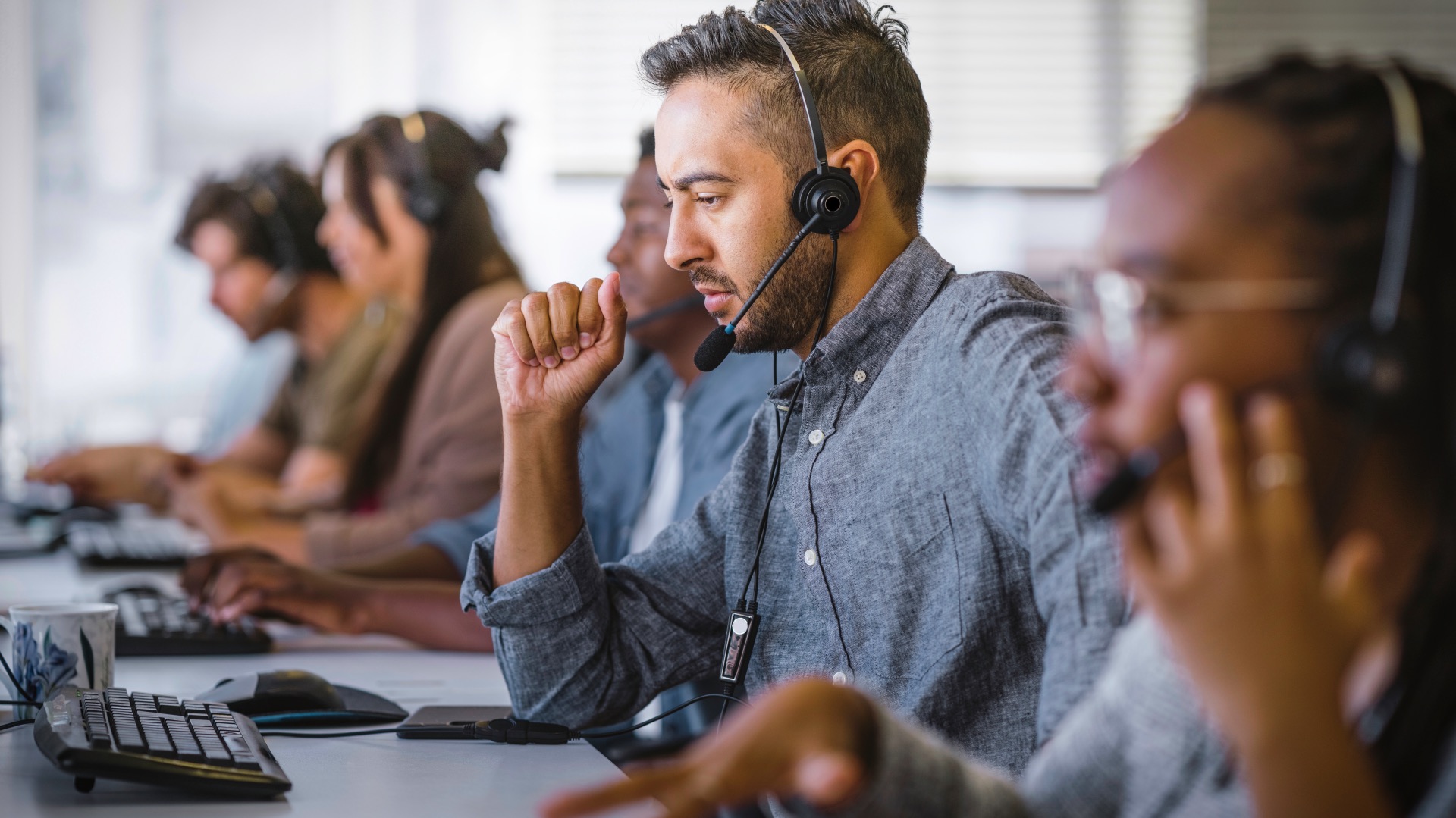 agent at call center listening intently