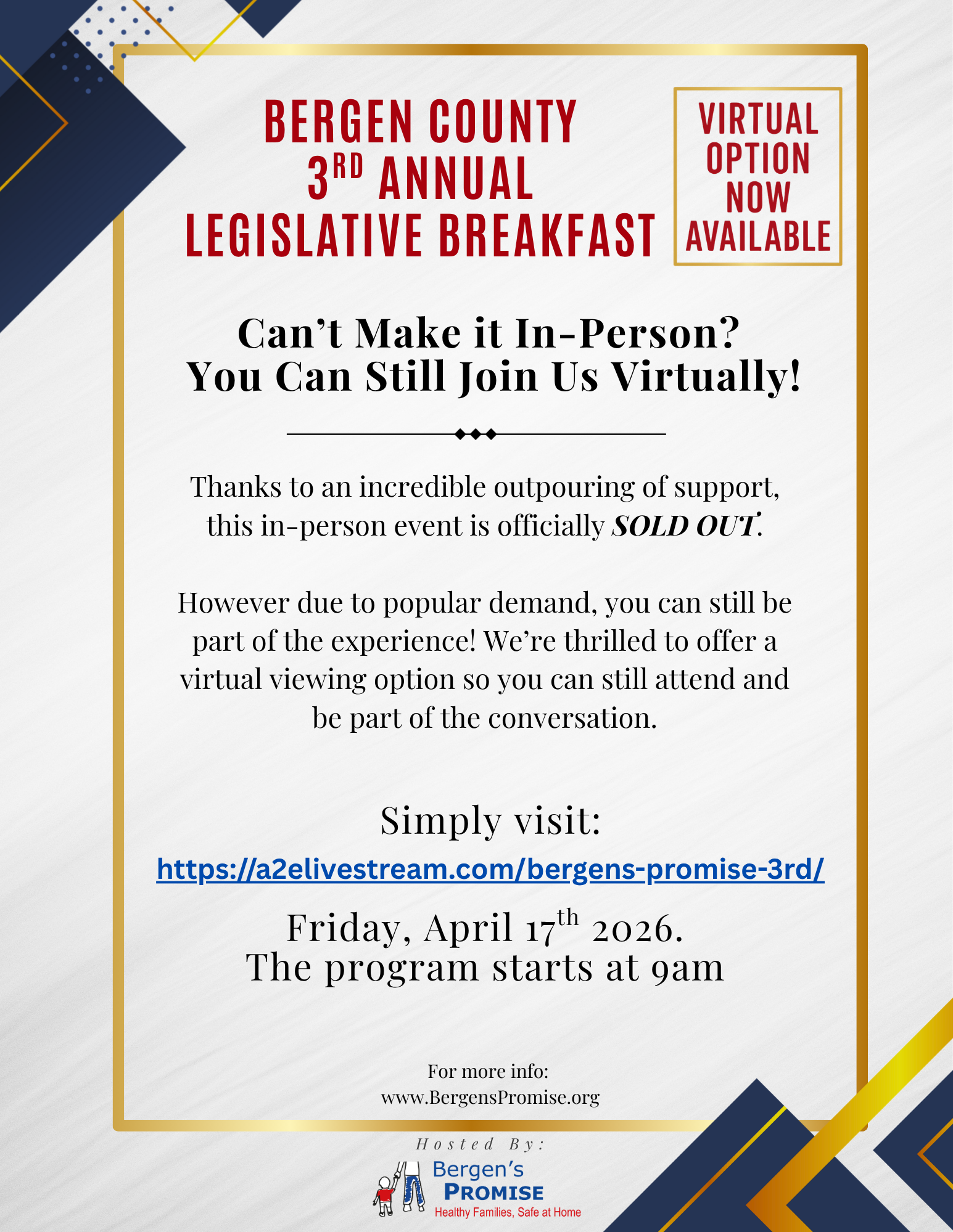 Virtual Viewing Option Now Available for Bergen County 3rd Annual Legislative Breakfast