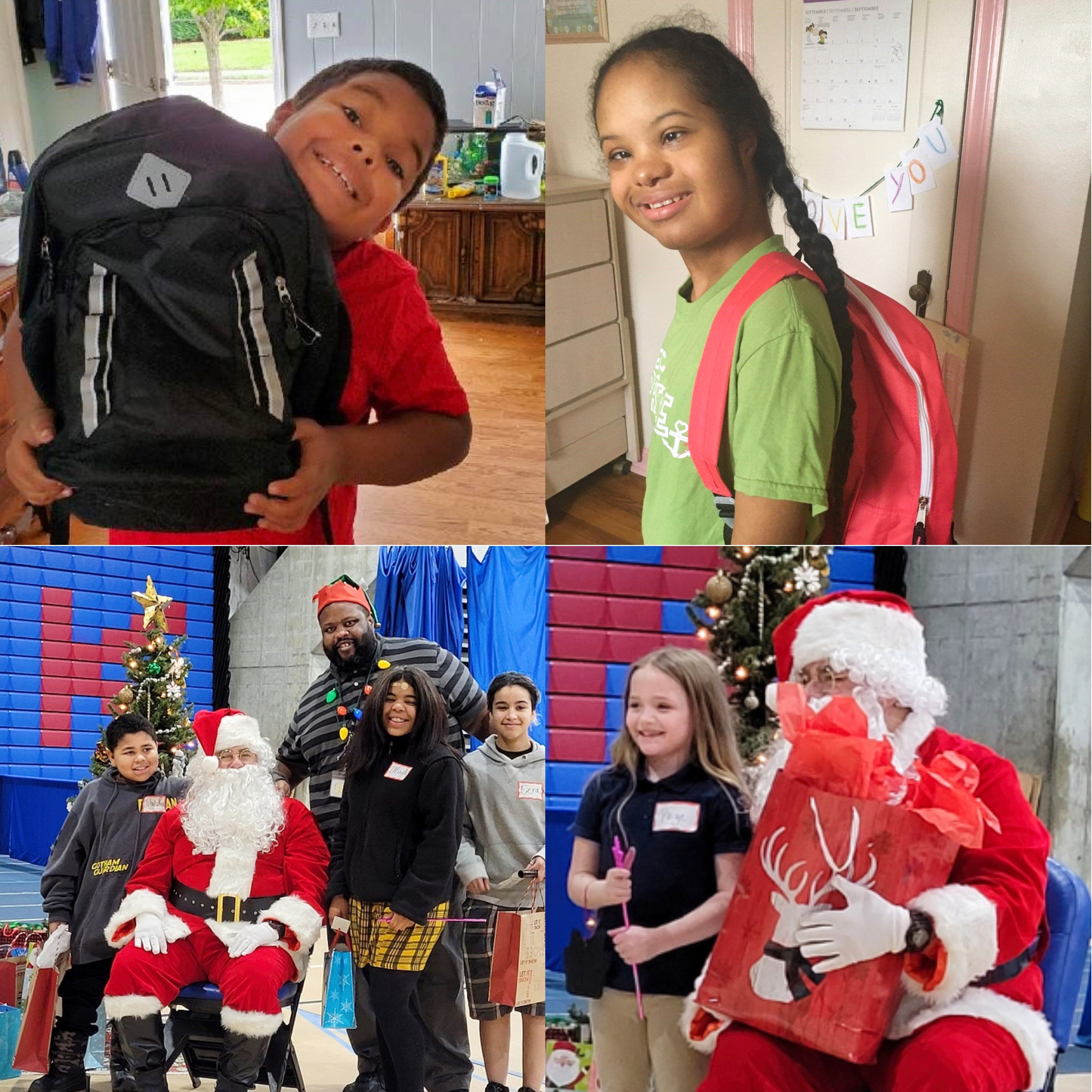 photo collage of kids given backpacks and kids meeting Santa