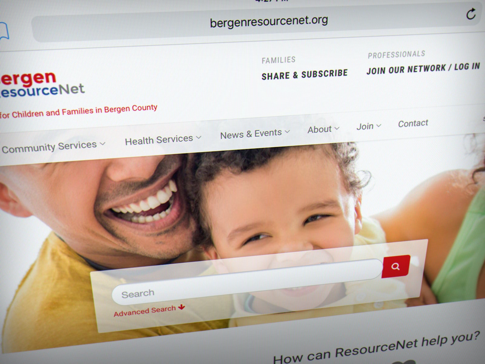 Angled view of BergenResourceNet on an iPad screen