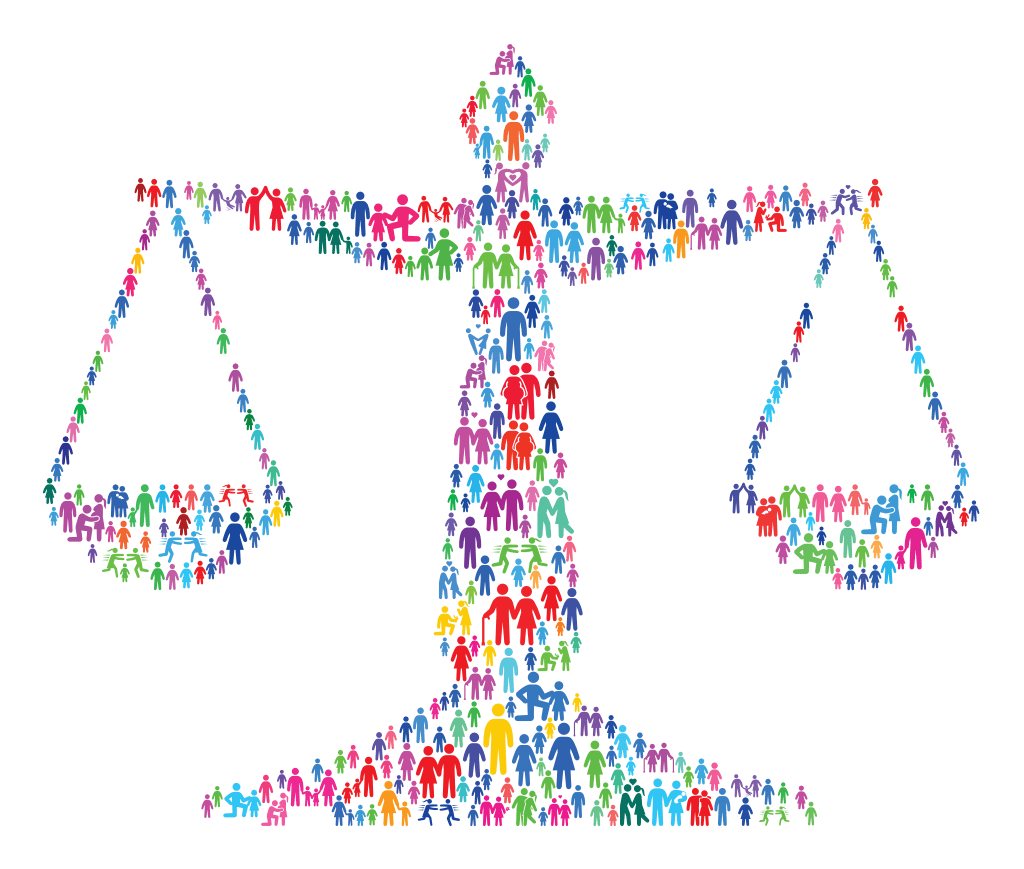 scales of justice illustration with colorful people