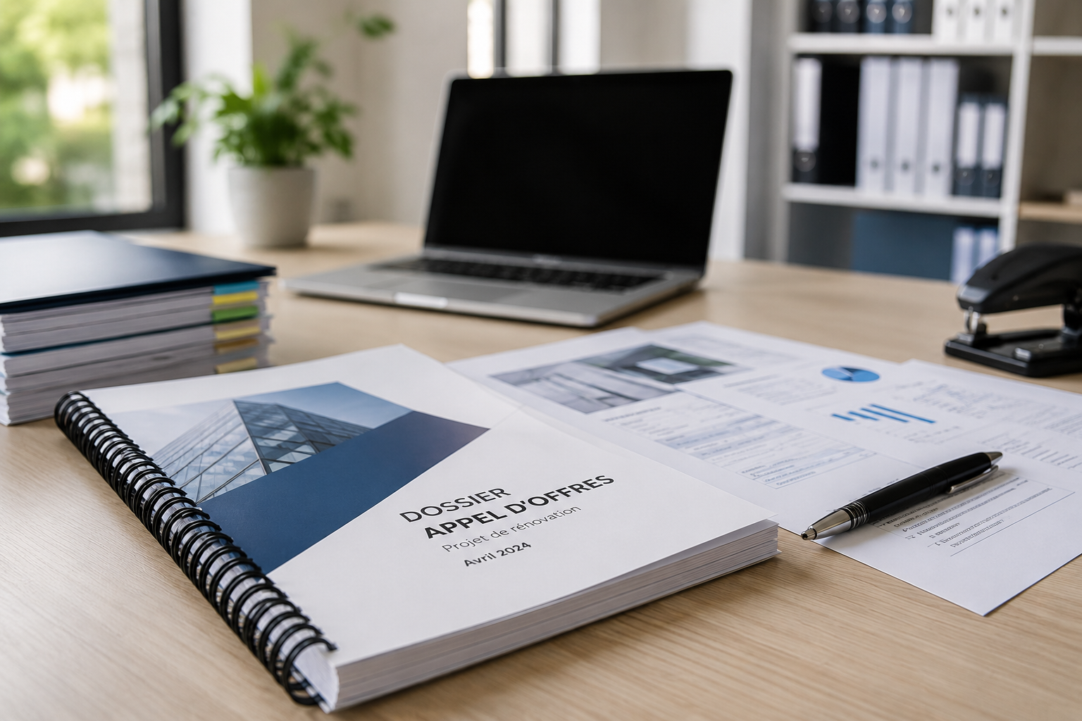 Documents professionnels imprimés et reliés sur un bureau