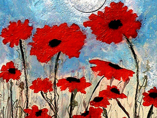 painting of red flowers with a black centre