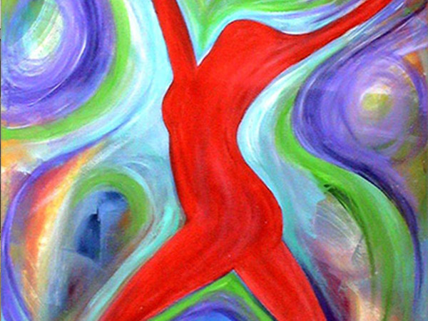 abstract painting of a red silhouette  woman with colourful background