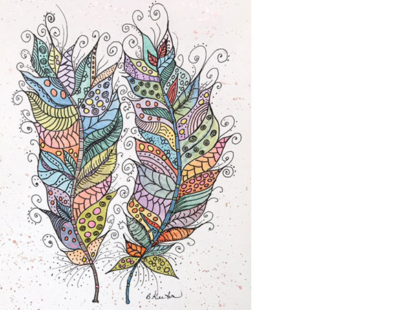 whimsical painting of two colourful feathers.