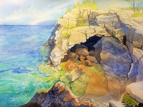watercolour painting of the grotto at Bruce Peninsula park