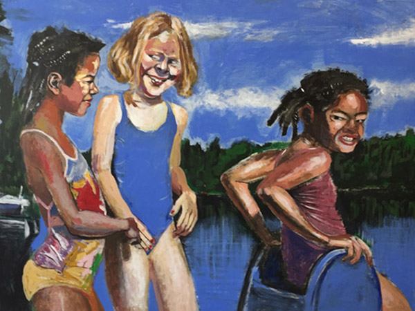 painting of 3 girls in bathing suits at the lake