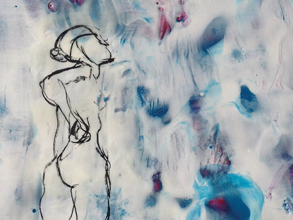abstract encaustic painting of figure with blue and white