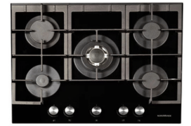 70cm 5 x Burner Gas Hob 1 x Wok Burner Cast Iron Pan Supports Black Glass