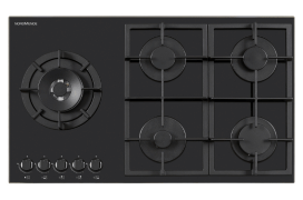 90cm 5 x Burner Gas Hob 1 x Side Wok Burner Cast Iron Pan Supports Black Glass