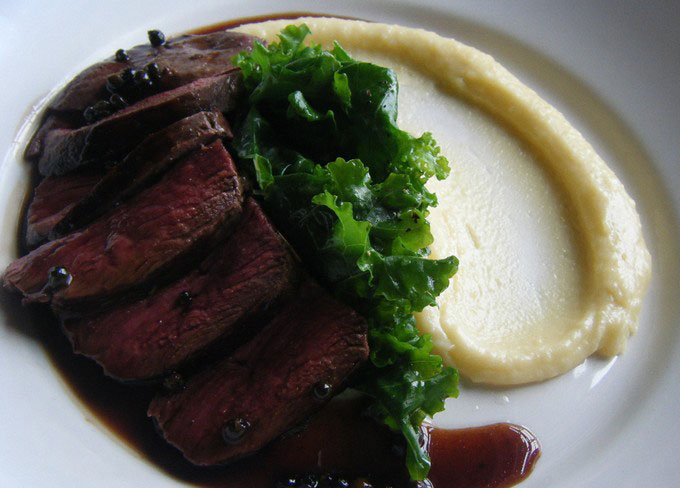 Pave of Venison with Pomme Puree and Green Peppercorn Sauce