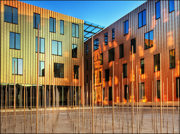 Modern building clad in colorful prepainted metal panels