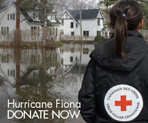Hurricane Fiona flooding image Donate Now ad.