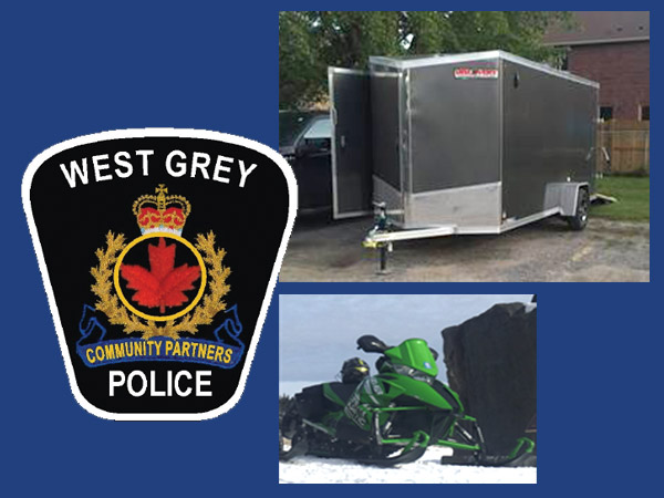 west grey police logo and stolen trailer and snow mobile