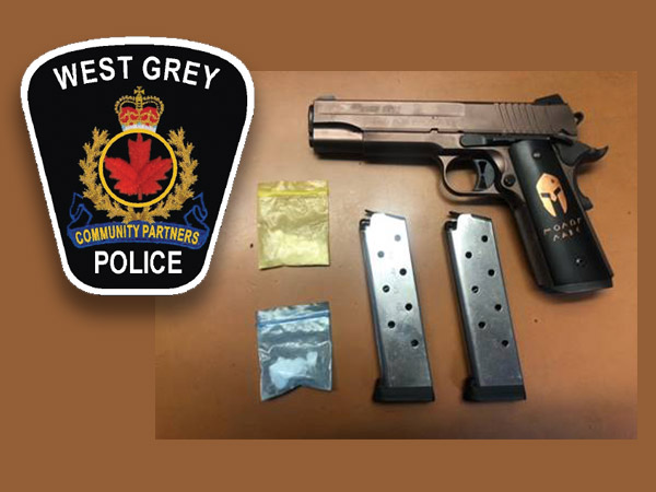 West Grey Police logo and semi automatic gun plus drugs