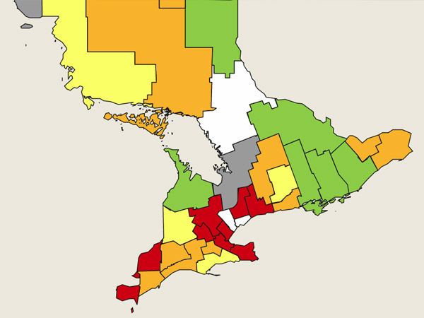 COVID-19 coloured zones in Ontario as of February 26, 2021