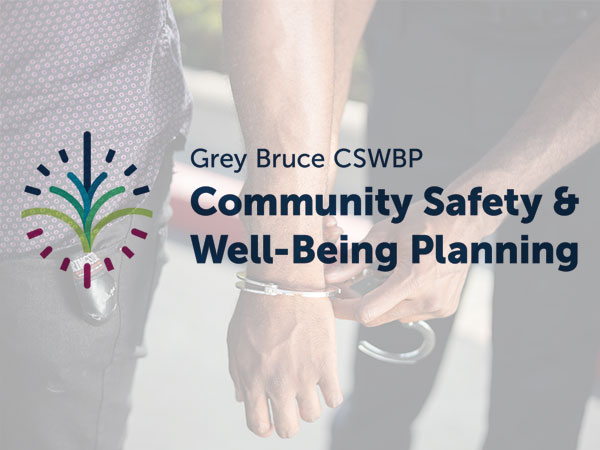 Grey Bruce Community Safety and Well-Being Planning logo with person handcuffed in background