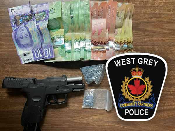 West Grey Police logo, drug bust cash, gun and drugs