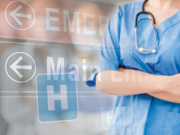 health-care worker, hospital and emergency signs collage