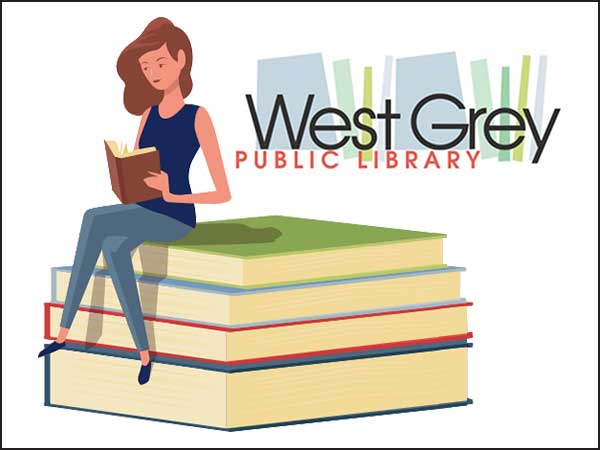 Woman sitting on books, reading with West Grey Public Library logo