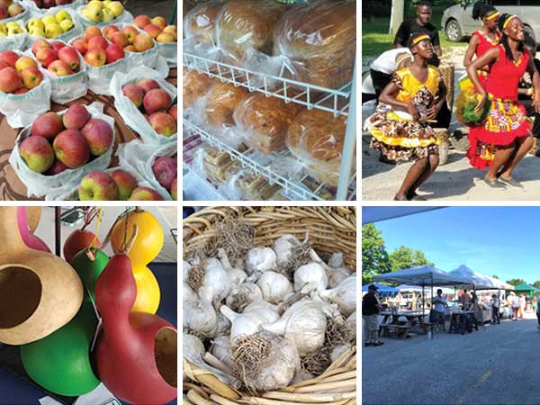 a collage of farmers' market products including apples, bread, bird feeders and garlic
