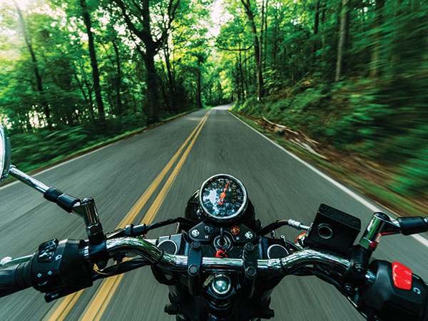 motorcycle driver on forested road