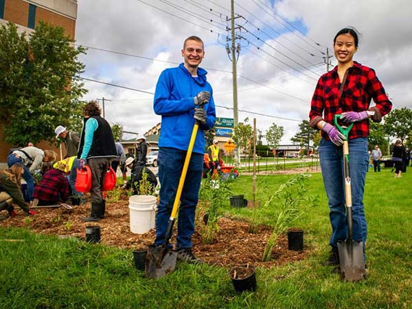 New rain garden construction and planting