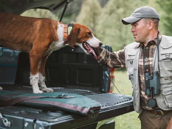 Hunter with dog in the back of truck.