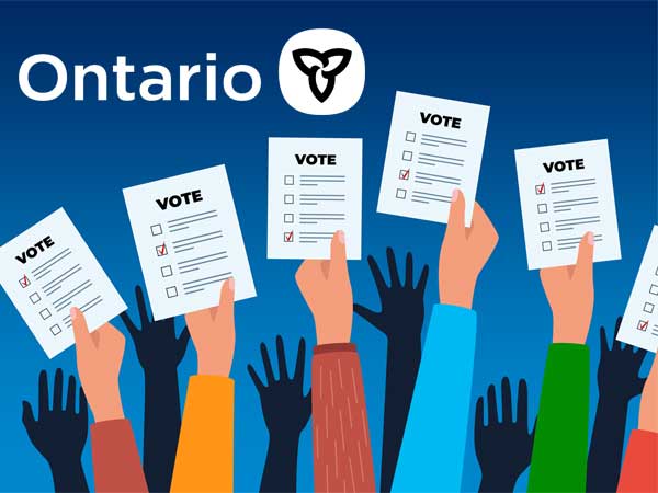 Ontario logo with many hands holding ballots