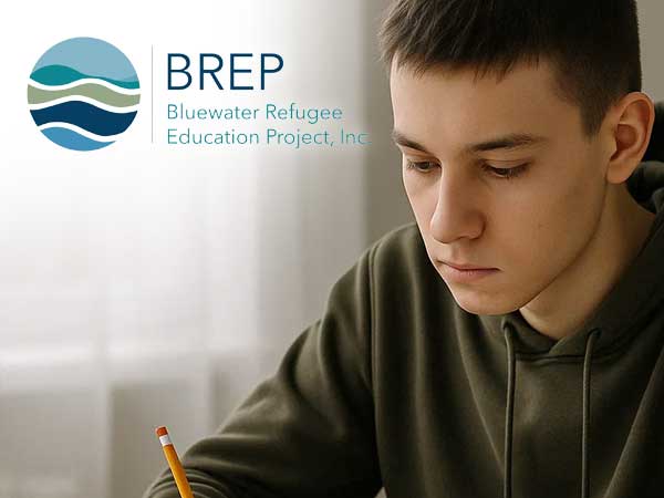 A foreign student and the Bluewater Refugee Education Project, Inc logo.
