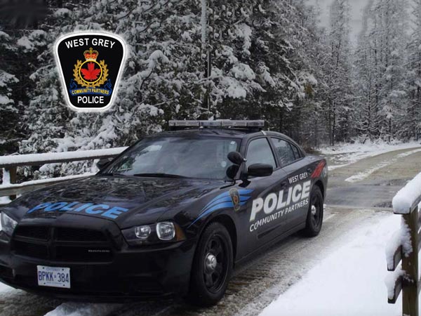 West Grey Police logo and car in winter