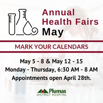 We will be offering Health Fairs during the first two weeks of May. 