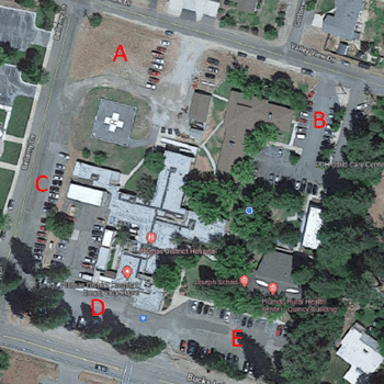 Top-down view of Plumas District Hospital's parking areas