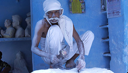 A Makrana stone carver near the quarries in Makrana, India