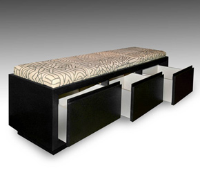 Custom designed bench upholstered with African Kuba cloth