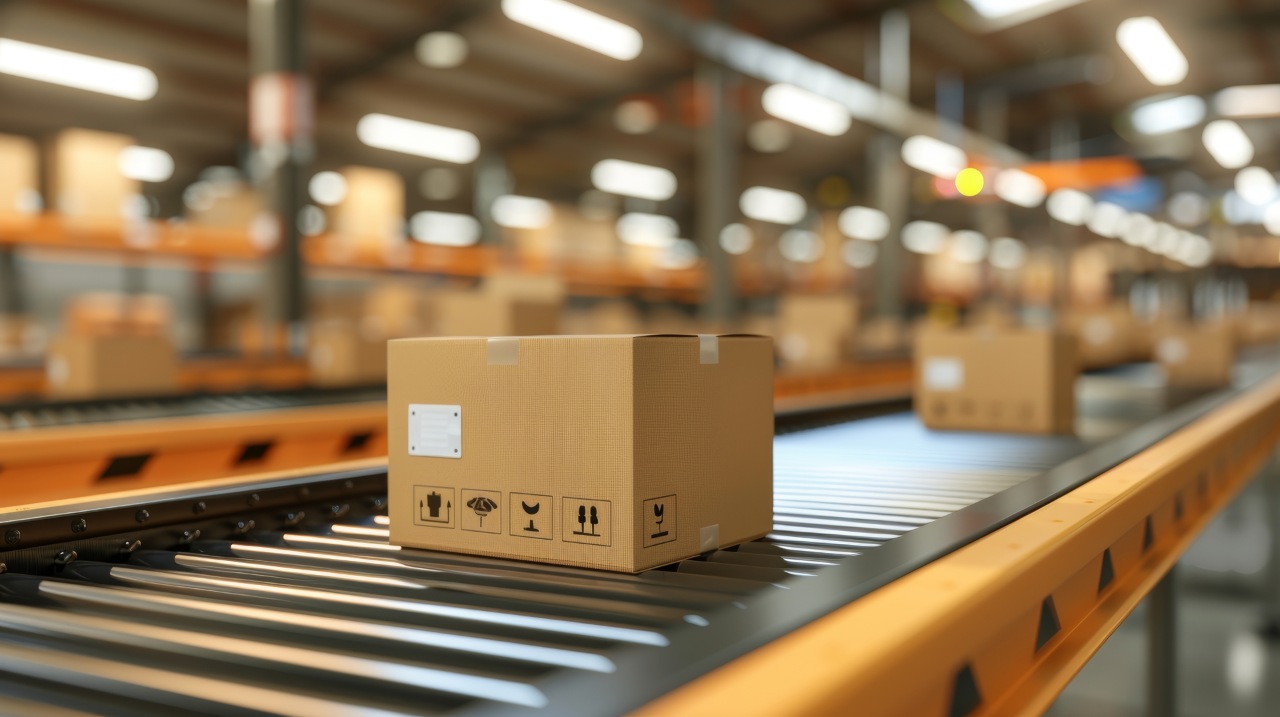 E commerce and logistics automated warehouse conveyor system with cardboard boxes