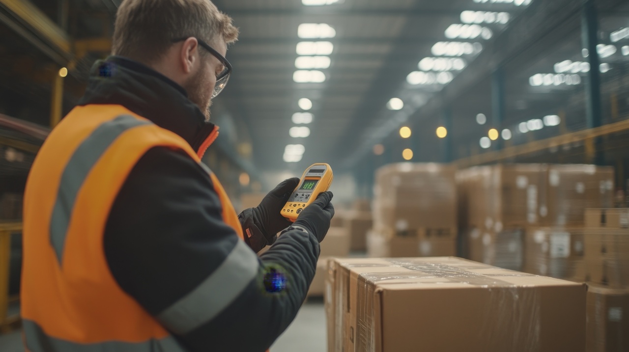 Warehouse worker uses scanner to manage inventory